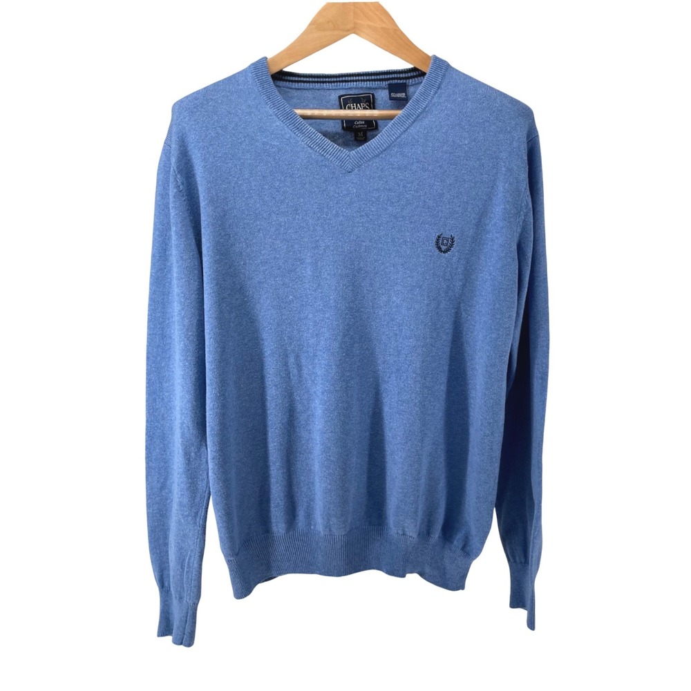 Chaps Mens V-Neck Sweater Light Blue Cotton Cashmere Blend Logo Size M C42661 - Picture 2 of 11